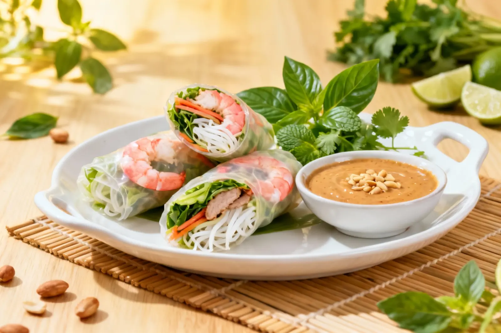 Vietnamese Herb Spring Rolls with Spicy Nut Sauce