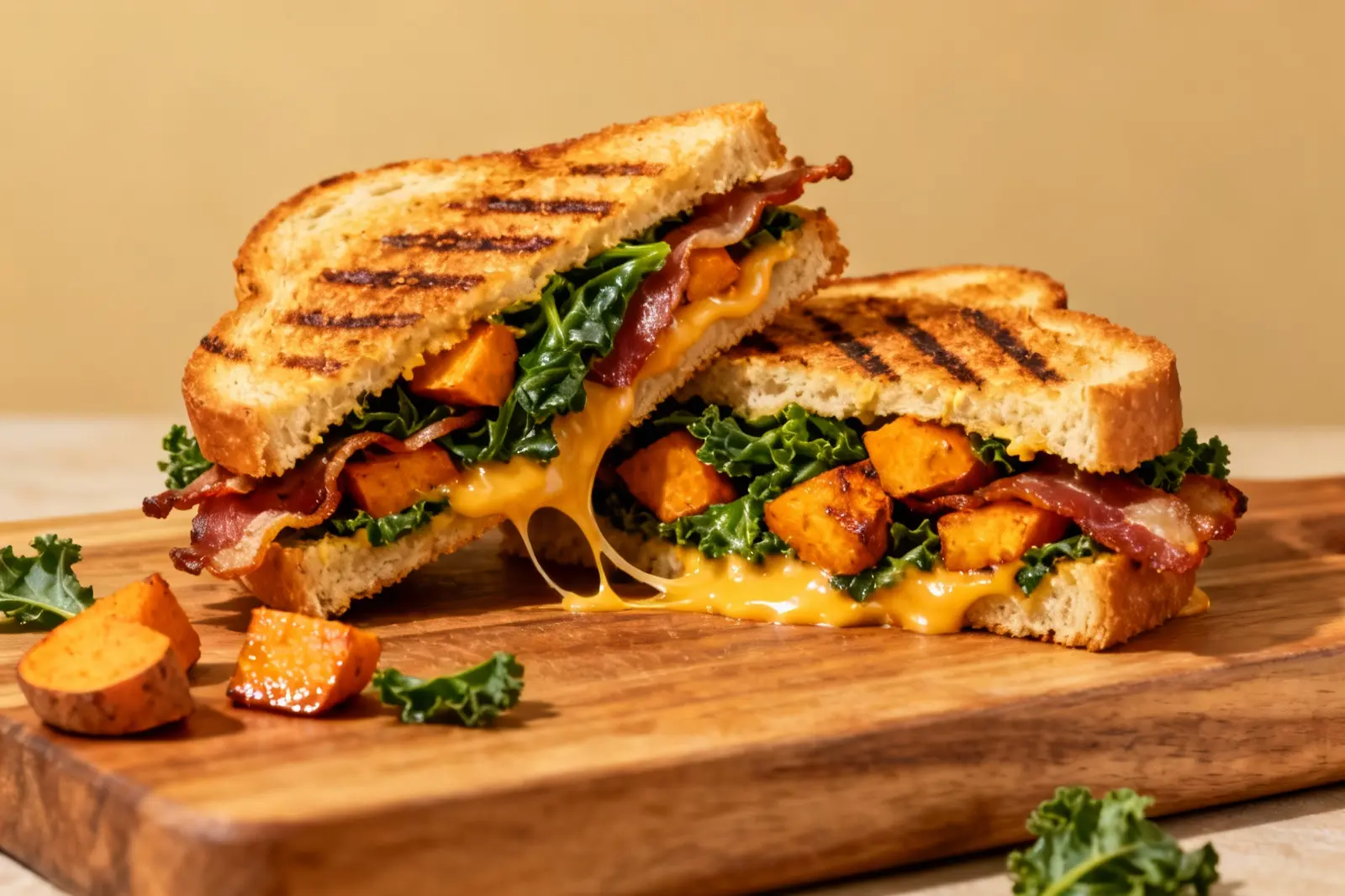 Zesty Gouda and Kale Toasted Sandwich with Crunchy Sweet Potato Nibbles