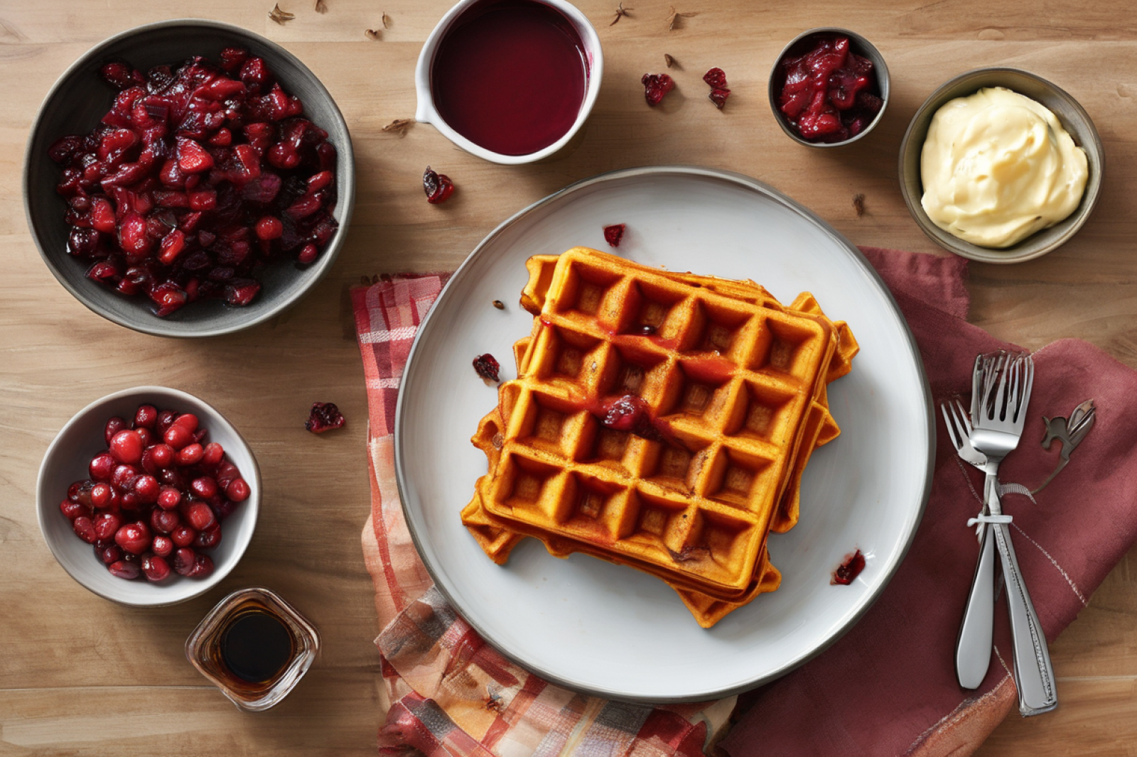 Crispy Sweet Potato Waffles with Spiced Cranberry Maple Sauce