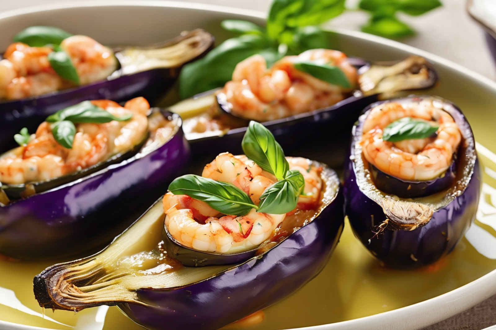 Stuffed Eggplant with Shrimp and Basil